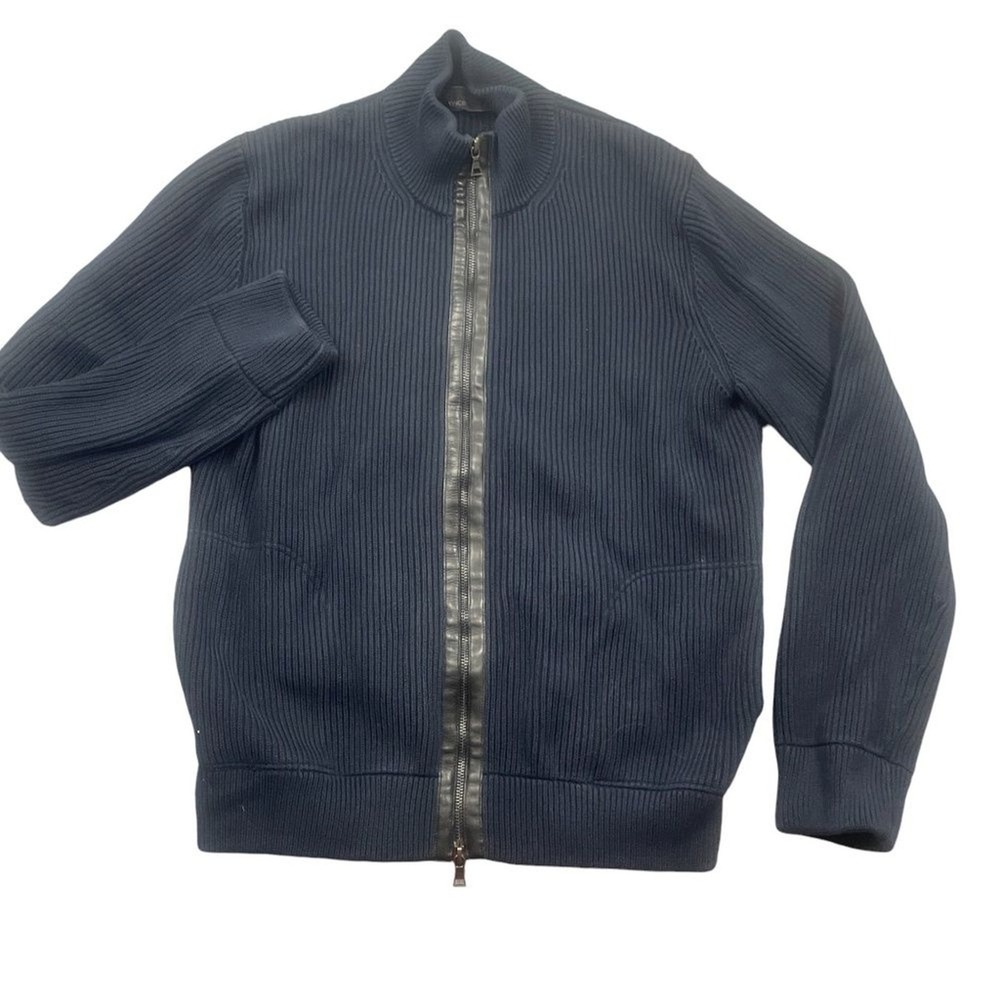Vince XL Mens Navy Sweater Full Zip Reverse Zip Cotton Leather Trim